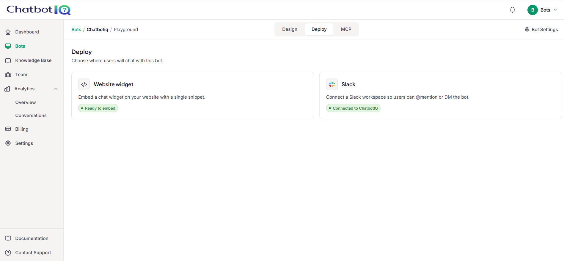 Deploy options: website widget ready to embed, Slack workspace connected