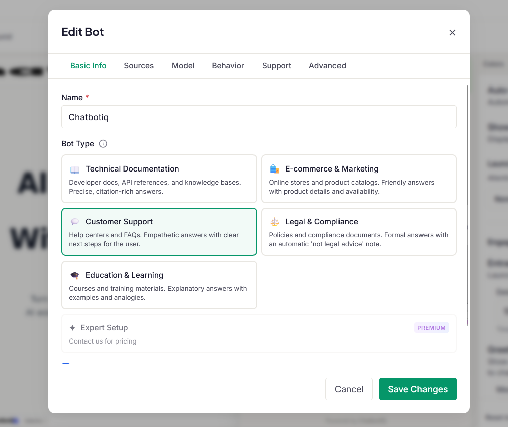 Bot type selection: Technical Docs, E-commerce, Customer Support, Legal, and more