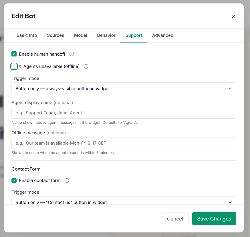 Edit Bot support settings: human handoff toggle, trigger mode, contact form configuration